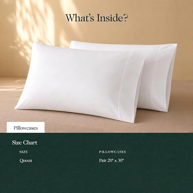 100% Certified Organic Sateen Weave Cotton 2 PC Pillow Covers Queen, White | GOTS Certified 415 Thread Count Hemstitched Pillow Cases, Skin-Friendly, Silky Soft Sateen Weave