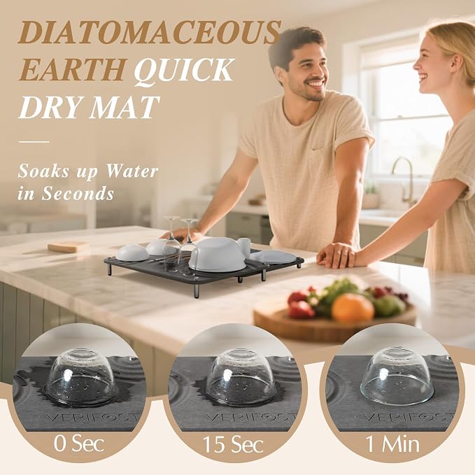 VERIFOST 2 Pcs Large Gray Stone Dish Drying Mat with Acacia Wood Holder Stand for 1 Inch Cutting Board and Fast Stone Drying Mat for Kitchen Counter with Non-slip Feet
