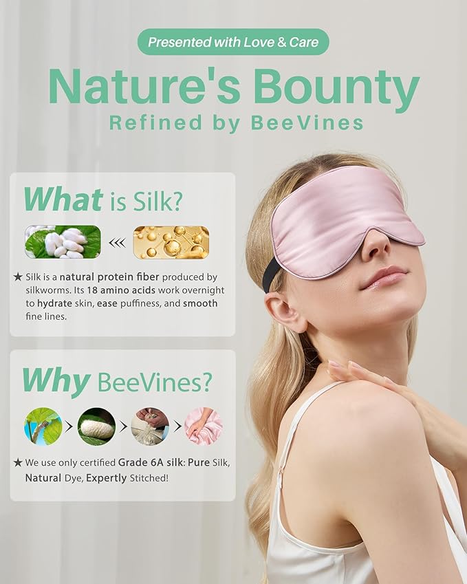 BeeVines Sleep Mask, 4 Packs 100% Real Natural Pure Silk Eye Masks with Adjustable Strap for Sleeping, Mulberry Silk Eye Sleep Shade Cover, Block Light Reduces Puffy Eyes Traveling Gifts