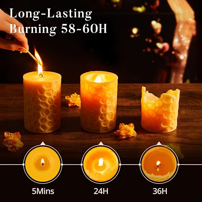 Ashlux Beeswax Pillar Candles 3x4 inch, 100% Pure Beeswax Candles-174 Hours Long Burning, Unscented and Dripless Pillar Candles Bulk for Christmas Lights,Wedding,Parties,Spas,Home Decorative