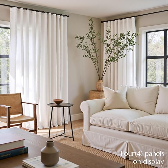 jinchan Linen Blend Curtains 108 inch Extra Long 2 Panels for Bedroom Living Room, Light Filtering 50 inch Wide Farmhouse Drapes with Rod Pocket Back Tab(50W x 108L, Off White)