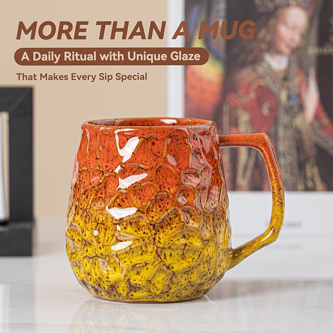 18oz Unique Orange & Yellow Kiln-Change Ceramic Coffee Mug, Handcrafted Hammered Texture Ceramic Mug with Ergonomic Handle, Microwave & Dishwasher Safe, Gift for Coffee Lovers, Home Office Daily Use