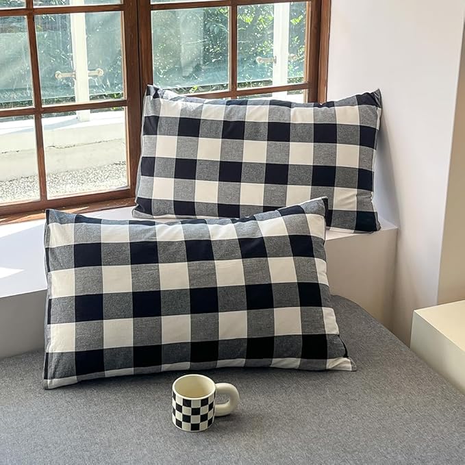FACE TWO FACE Bedding Duvet Cover Set100% Washed Cotton Duvet Cover Linen Like Textured Breathable Durable Soft Comfy (Queen, Black and White Grid)