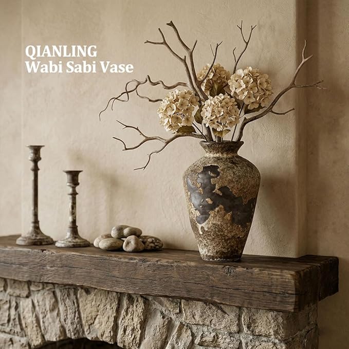 Wabi Sabi Decor Rusty Vintage Vase - 8.7" Tall Rustic Farmhouse Wabi Sabi Vase for Centerpiece, Pottery Stone Flower Vases for Home Decor, Table, Living Room, Bedroom, Bathroom, Kitchen (Rusty Stone)