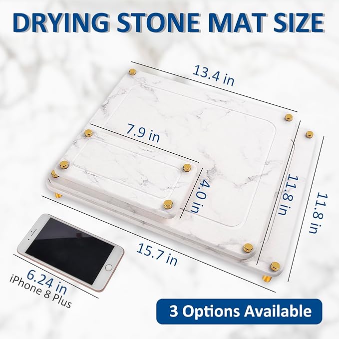 Stone Dish Drying Mat for Kitchen - 3Pcs Stone Drying Mats, Water Absorbing Quick Dry Coffee Tray, Diatomaceous Earth Dish Pad for Sink Counter, Large & Small Multi-Purpose Bottle Rack, Ivory-Marble