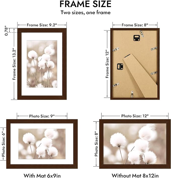 Hongkee 8x12 Oak Wood Picture Frame 1 Pack(Matted 6x9), Real Glass Cover | Walnut, 8 x 12 Solid Wood Frame for Wall or Tabletop Display - Includes Easel Back, Vertical Hang - Ideal for Home, Office