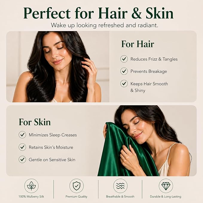 100% Mulberry Silk Pillowcase for Hair and Skin Made in USA, Real 22 Momme King Silk Pillow Cases with Zipper, Organic, 6A Grade, Washable, Anti Acne, 1 Pc 20"x36" (King, Emerald)