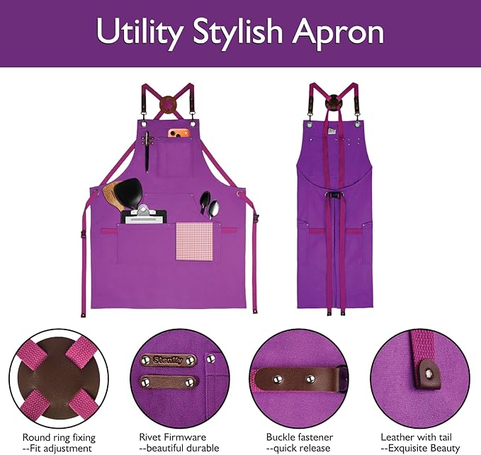 10 Pack Kitchen Aprons, Work Apron, Canvas, Multiple Pockets, Gardening, Painting, BBQ, Artist, Carpenter, Sizes M to XXL, Purple
