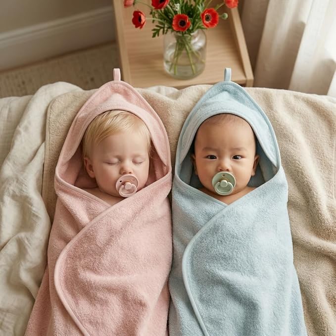 Hooded Baby Towels – 100% Organic Cotton Baby Bath Towels – Baby Boy and Girl Newborn Essentials - Super-Soft and Absorbent. (2-Pack Blush and Baby Blue)