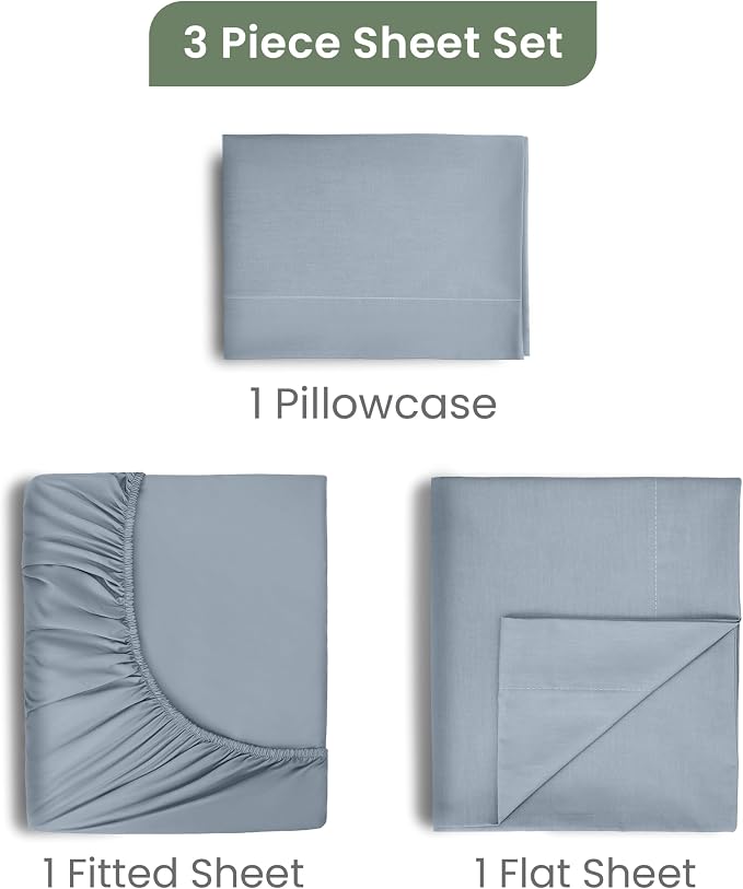 Martex EcoPure Twin Size Sheet Set, Blue | 100% Organic Cotton, Comfort Washed, Cooling, Deep Pocket, GOTS Certified