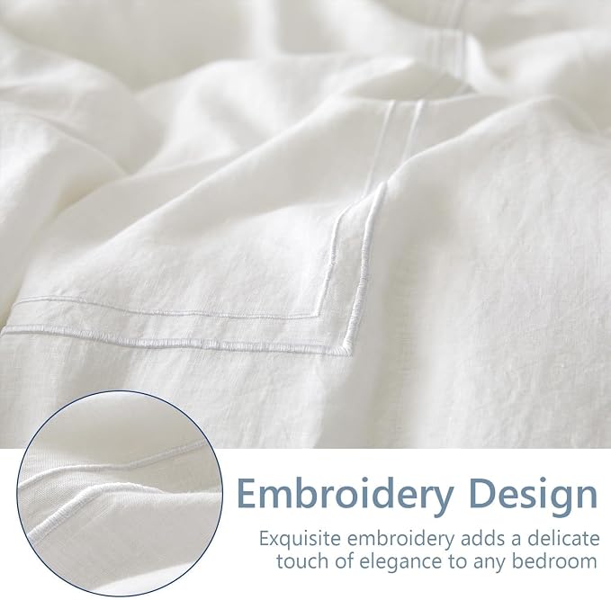 Simple&Opulence 100% Washed Linen Duvet Cover Set 78"x86" - 3 Pieces Soft Farmhouse Comforter Cover Set Double Embroidered with Button Closure - 1 Duvet Cover and 2 Pillowshams (White, Full)