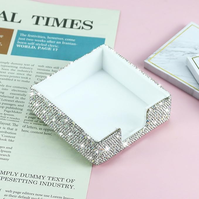 Buqoo 2 PCS Bling Crystal Handmade Diamond Sticky Note Holder and Tape Dispenser Office Supplies Dazzling Rhinestone Bling Desk Accessories for Women Office (Silver)