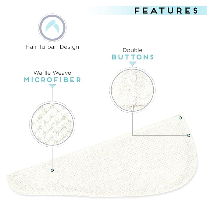SimpleField 2 Pack Microfiber Hair Towel Wrap for Women, Anti Frizz Quick Drying Hair Turban for All Hair Style, Absorbent and Lightweight (Ivory)