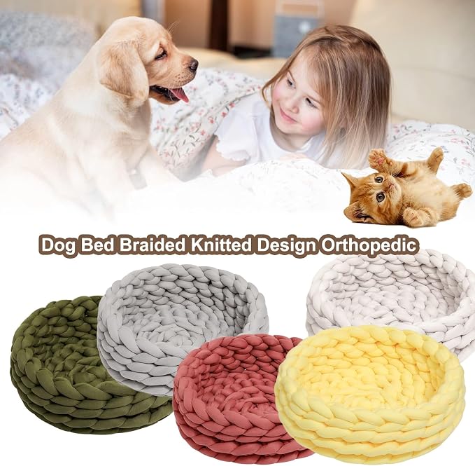 Woven Dog Bed Basket, Knitted Cotton Cat Bed Round Washable Woven Cat Pet Bed Chunky Dog Basket, Orthopedic, Chunky Knit Dog Nest,Dog Bed,Dog Cave,Dog Bedding(Green 1,19")