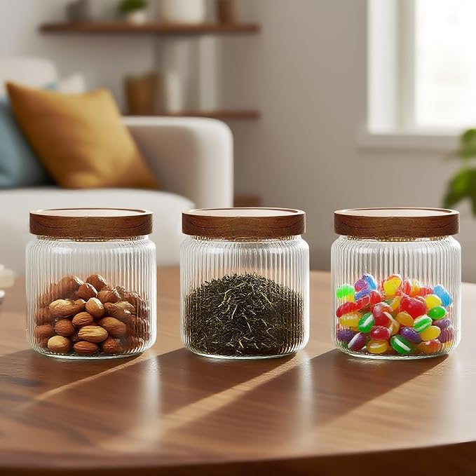 300ml/10.15Oz Glass Storage Containers with Wood Lids - Airtight Spice Jars with Lids - Overnight Oats Jar - Stacable Glass Jars for Coffee,Sugar,Tea,Spice