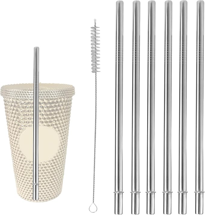 6pcs Stainless Steel Straws for Starbucks Cold Cup Venti 16 oz, Reusable Straight Metal Straws with Cleaning Brush BPA-Free Ideal Replacement Compatible with Starbucks Tumblers