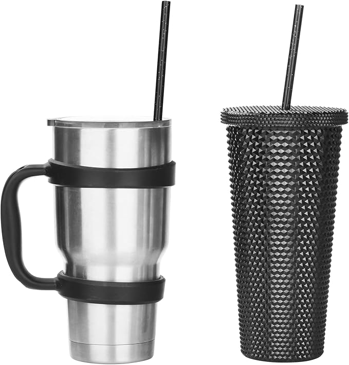 ALINK 12 PCS Reusable Glitter Straws, 11" Long Black Hard Plastic Tumbler Straws, Replacement Drinking Straws for 16 OZ 20 OZ 30 OZ Stanley, YETI, Mason Jar, Starbucks Cups with Brush