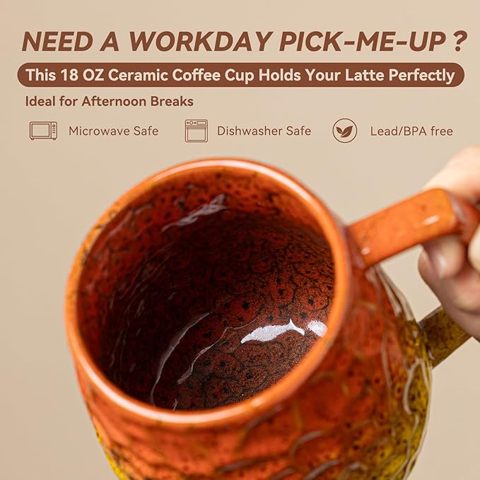 18oz Unique Orange & Yellow Kiln-Change Ceramic Coffee Mug, Handcrafted Hammered Texture Ceramic Mug with Ergonomic Handle, Microwave & Dishwasher Safe, Gift for Coffee Lovers, Home Office Daily Use