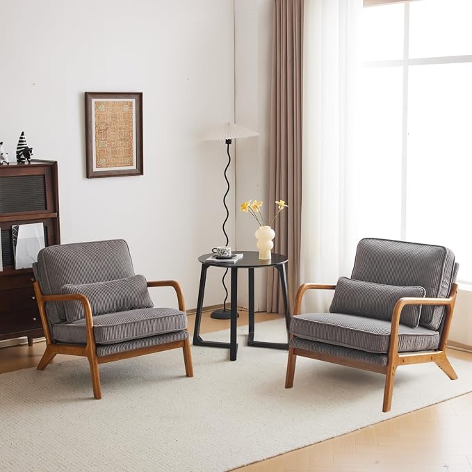 Karl home Mid-Century Modern Accent Reading Chair, Grey | Corduroy Upholstered, Solid Wood Frame, Soft Cushion, Lumbar Pillow, Lounge Armchair for Living Room, Bedroom, Balcony, Study