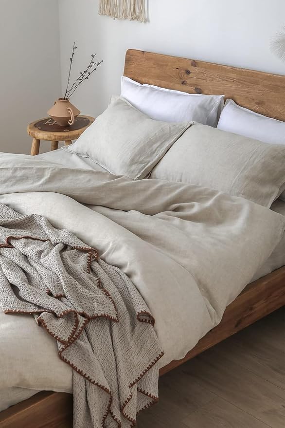 XZ XIFA Linen Duvet Cover Set, 100% Washed Textured French Flax Linen Bedding with Zipper Closure, Cooling for Hot Sleepers- 1 Duvet Cover and 2 Pillowcases (Oversized King, Natural Linen)