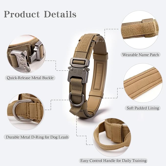Tactical Dog Collar Adjustable Military Nylon Dog Collar with Control Handle and Heavy Duty Metal Buckle for Medium and Large Dogs (Brown,XL)