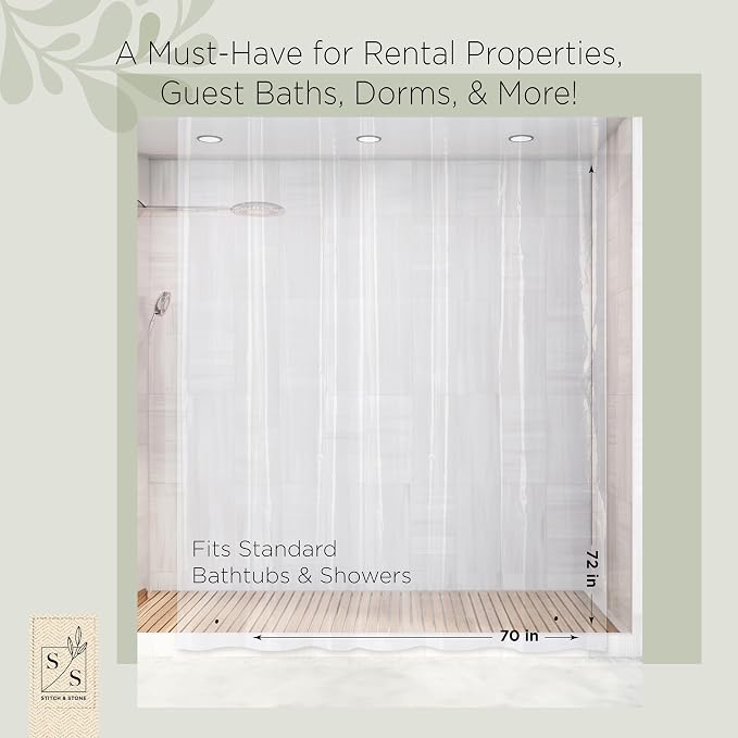 Stitch & Stone Shower Curtain Liner, Premium Extra Lightweight Durable Waterproof 3g PEVA for Bathroom with Weighted Magnets, Standard Size 70" x 72" Clear 1 Pack