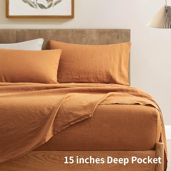 ATLINIA 100% Pure Flax Linen Bedding Set - Stone Washed French Linen Fabric Deep Pocket Fitted Sheet Farmhouse Flat Sheet 2 Pillowcases (Rust, California King)