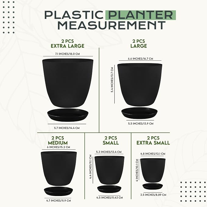 Utopia Home - Plant Pots Indoor with Drainage - 7/6.6/6/5.3/4.8 Inches Home Decor Flower Pots - Pack of 10 Plastic Planters for Indoor Plants, Cactus, Succulents Pot - Black