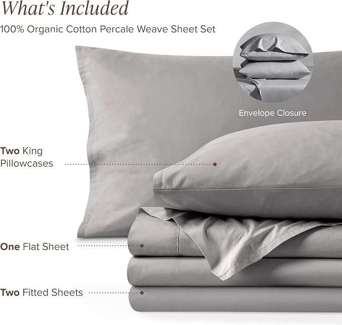 Bare Home 100% Organic Cotton Split King Sheet Set - Crisp Percale Weave - Lightweight & Breathable - Bedding Sheets & Pillowcases (Split King, Light Grey)