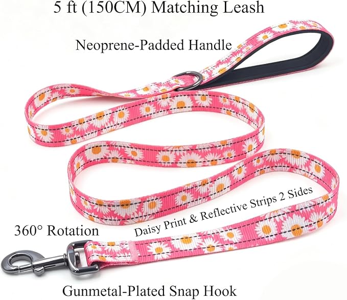 Dog Collar Leash Set, Floral Pattern, with Safety Reflective Strips, 5 ft Matching Leash, Neoprene Padded Handle, Adjustable 4 Sizes for Small Medium Large Dogs.(S, Pink Daisy)