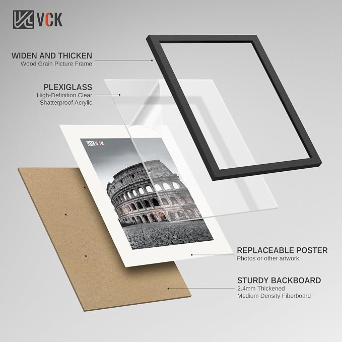 VCK 22.375x34 Poster Frame Black - 4 Pack, Gallery-Quality Wood Picture Frames, 1.1-Inch Wide Border, Polished Plexiglass, Vertical or Horizontal Wall
