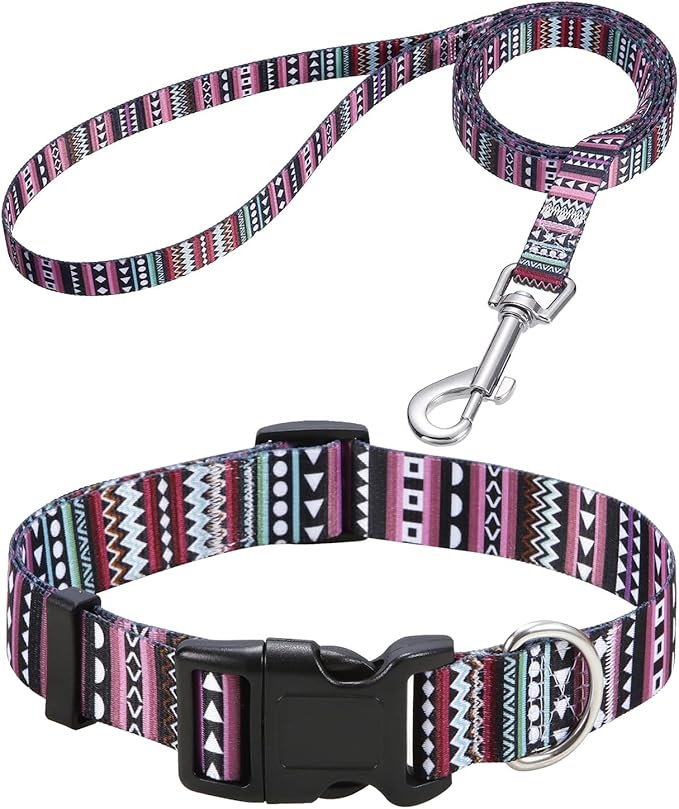 Mihqy Dog Collar and Leash Set with Bohemia Floral Tribal Geometric Patterns - Soft Ethnic Style Collar Adjustable for Small Medium Large Dogs(Bohemian Purple Set,L)