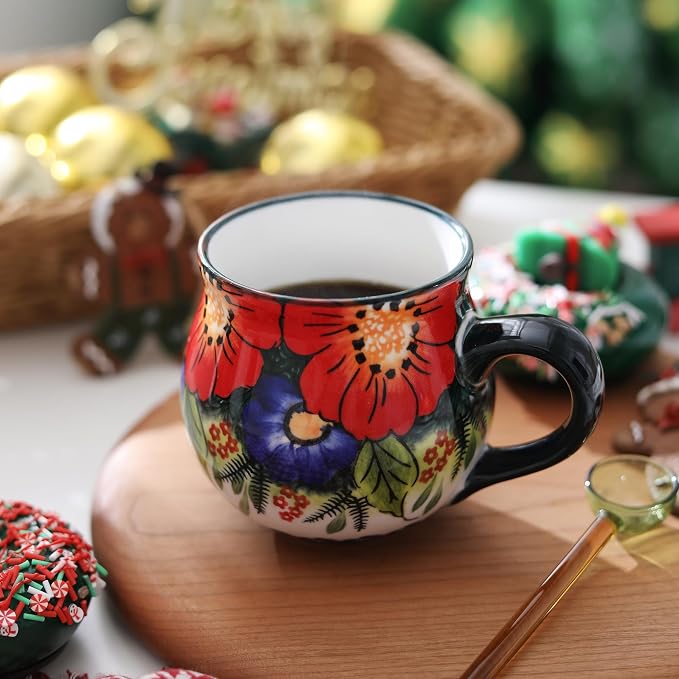 ALMA 12oz Handmade Floral Ceramic Coffee Cup | Microwave & Dishwasher Safe, For Home Office Cabinet Travel, Workspace Remote Workers & Girls