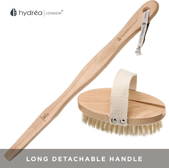 Hydrea London Body Brush Back Scrubber - Shower brush with long handle 100% Natural Bristle, Dry Skin Brush, Exfoliating Cellulite Brush - FSC® Certified Beechwood.