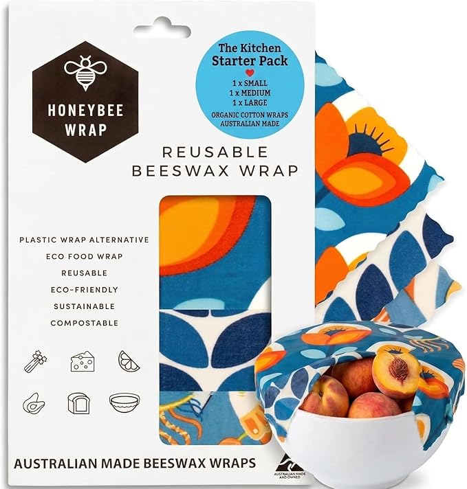 Honeybee Beeswax Wraps - Kitchen Starter Pack - Certified Organic Cotton Beeswax Wrap - Reusable Beeswax Wraps for Food - Plastic Wrap & Sandwich Bags Alternative - 3 Pack - Small, Medium & Large