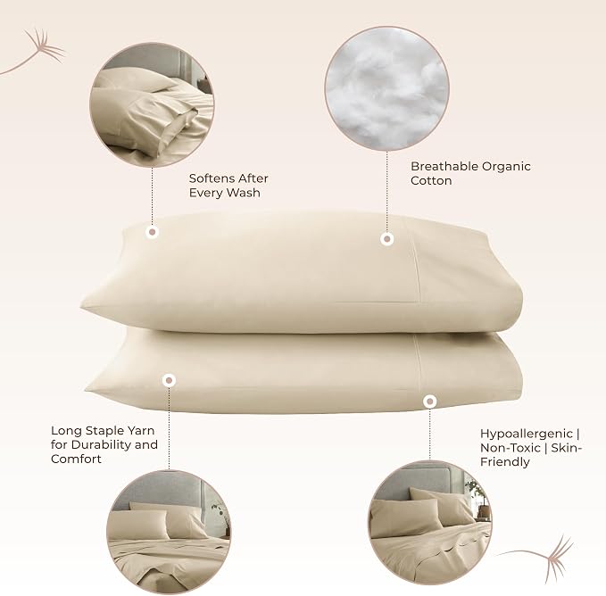 100% Organic Cotton Pillow Cases Queen Size Set of 2-100% Cotton Pillowcases GOTS Certified 300 Thread Count - Naturally Cooling Comfortable Breathable & Soft Pillow Cases (Dune, Queen)