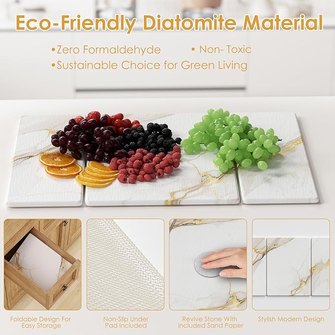 3 PCS Large Stone Dish Drying Mat for Kitchen Counter -24"x16" Absorbent Diatomaceous Earth Mat with Stone Faucet Mat & Soap Tray - Quick Dry, Collapsible, Non-Slip Countertop Organizer