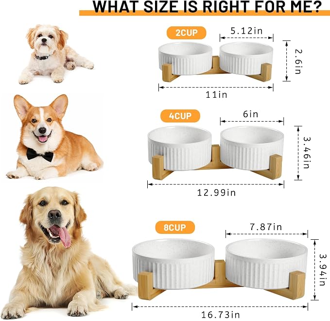 Non-Slip Ceramic Dog Bowls with Wooden Stand,8" Dog Food and Water Bowl Set with Silicone Base, 64 OZ/8 Cups Weighted Flip-Proof Pet Feeding Bowl for Small Dogs and Cats (Large,White)