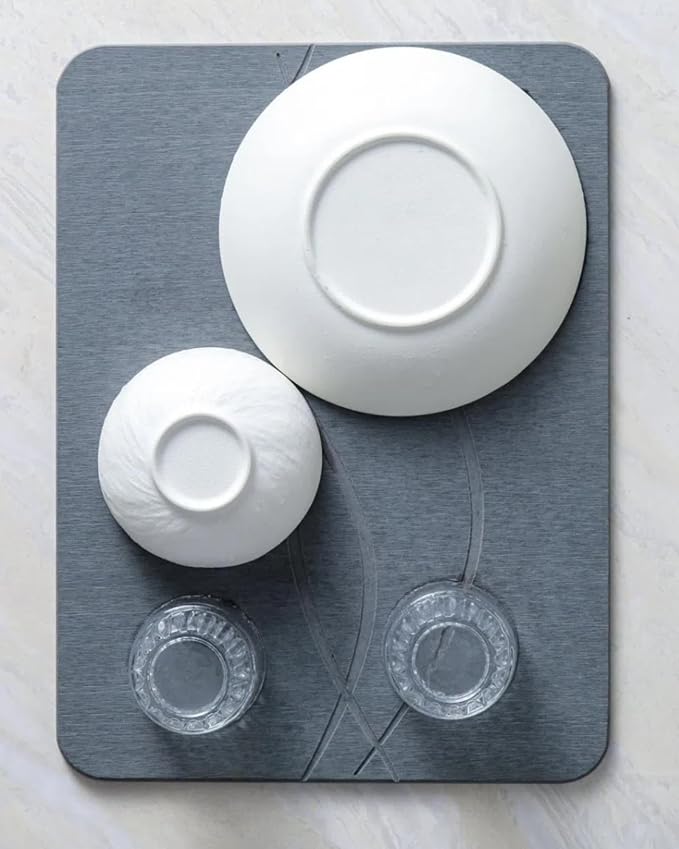 Large Stone Drying Mat for Kitchen Counter, Water-Absorbent Diatomaceous Earth Dish Drying Mats, Quick Dry Stone Dish Drying Mat Multi-Purpose Stone Drying Tray for Cups Dishes Bottles 24*16in, Grey