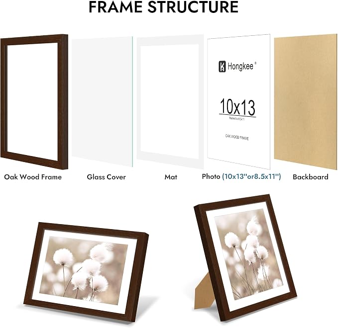 Hongkee 10x13 Oak Wood Picture Frame 1 Pack(Matted 8.5x11) Real Glass Cover | Walnut, 10 x 13 Solid Wood Frame for Wall or Tabletop Display - Includes Easel Back, Vertical Hang - Ideal for Home, Office