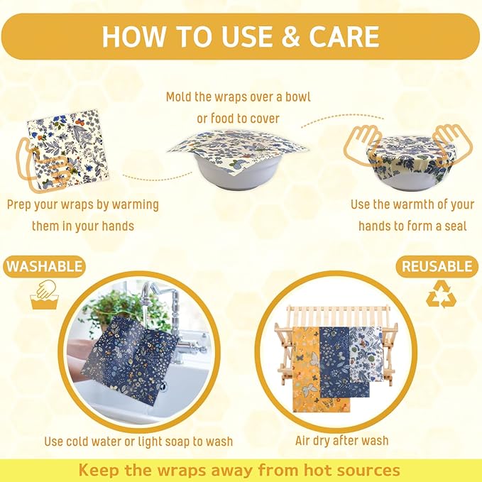 BYTTME Reusable Beeswax Wrap - 9 Pack Beeswax Wraps for Food, Eco-Friendly Beeswax Food Wraps, Bread Sandwich Wrapper - Reusable Food Storage Wrap Set with Flower Butterfly+Mesh Bag