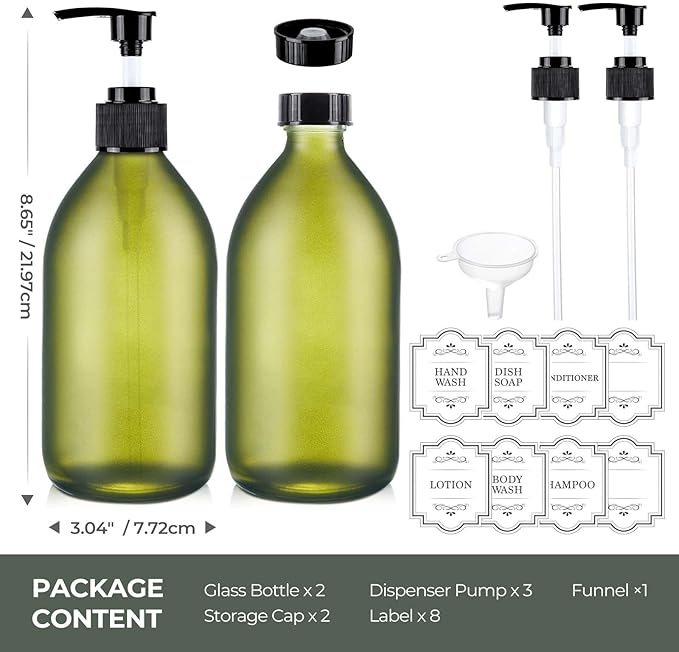 16 oz Frosted Green Glass Soap Dispenser with Pump, Glass Pump Bottle for Lotion Body Oil, 500ml Hand and Dish Soap Dispensers Set with Storage Caps, Labels - 2 Pack
