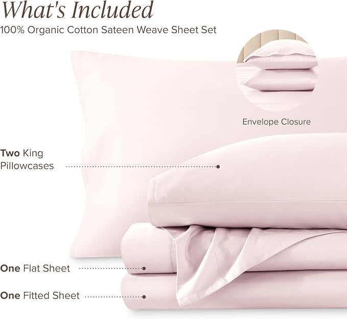 Bare Home 100% Organic Cotton King Sheet Set - 400 Thread Count - Smooth Sateen Weave - Breathable & Cooling - Hotel Luxury Set - Deep Pocket Bed Sheets (King, Dusty Pink)