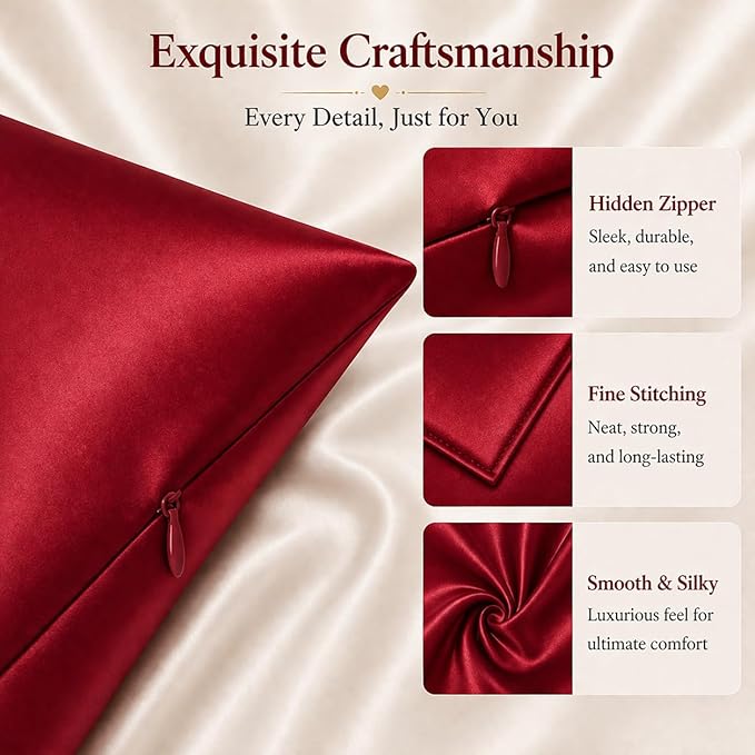 Red Silk Pillow Cases for Hair and Skin Made in USA, 100% Mulberry Silk Pillowcase for Women, King Size with Zipper, Organic, Cooling, Anti Acne, Anti Wrinkle, 1 Pc 20"x36" (King, Red)