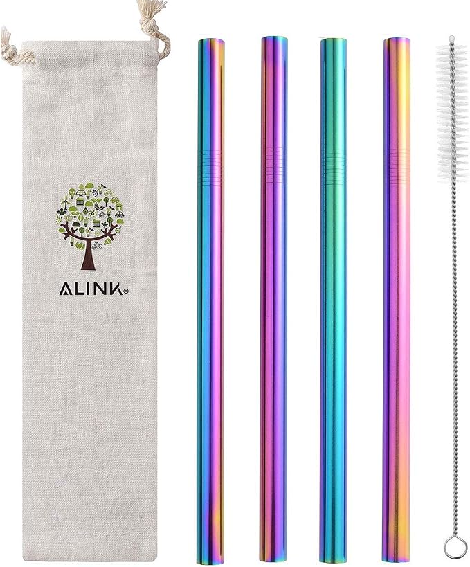 ALINK Stainless Steel Metal Boba Straws, 12mm x 9 inch Extra Wide Colored Reusable Smoothie Straws, Pack of 4 with Cleaning Brush & Carrying Case
