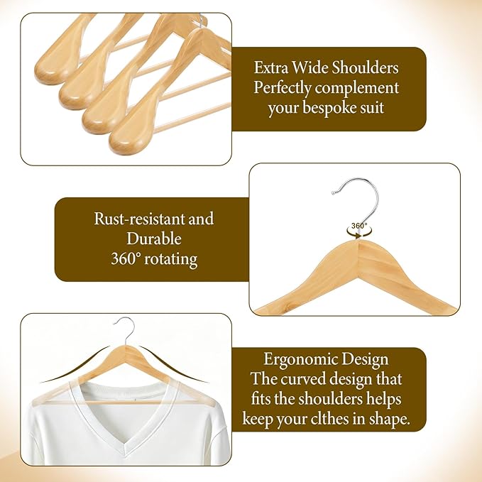 10 Pack Wooden Hangers, Heavy Duty Wide Shoulder Hangers with Non Slip Pants Holder, Solid Wood Jacket Clothes-Hangers with 360 Swivel Hook and Strong Pant Bar for Sweater, Pants, Coats(Natural)