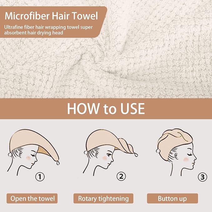 CZZXI 3 PCS Microfiber Hair Towel, Hair Wraps for Women Wet Hair | Fast Drying Hair Turban, Anti Frizz Head Towels Wrap for Curly Hair (Beige, Khaki, Grey)