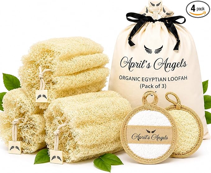 April's Angels 100% Natural Egyptian Loofah. Eco Friendly Exfoliating Scrubers for Body and Face. Natural Bathing Loofah for the Entire Family. Large Size (Set of 3 + 1 Exfoliating Face pad)