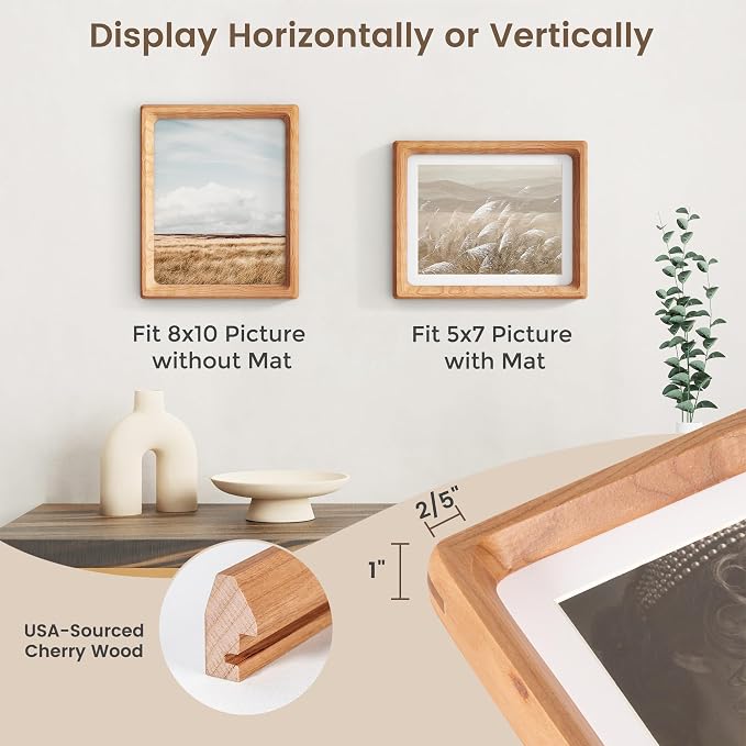 8x10 Picture Frame Set of 2, USA-Sourced Cherry Wood Photo Frame with HD Tempered Glass, Handcrafted Rounded Corner 8 x 10 Wooden Frames Matted to 5x7 Photos, 8x10 Frames, Tabletop or Wall Display