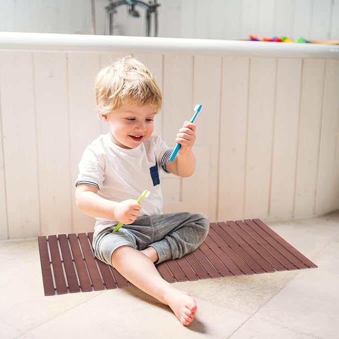 Bath Mat Bathroom Rugs Floor Wood Shower Bathtub Waterproof Non Slip Walnut Accessories 16x24 Inch Easy to Clean, 2 pcs